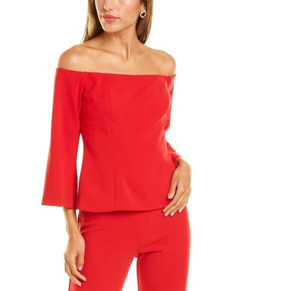 NWT Trina Turk Luxe Drape Chili Red Off Shoulder Red Top 3/4 Bell Sleeve Size 10 - Picture 1 of 11